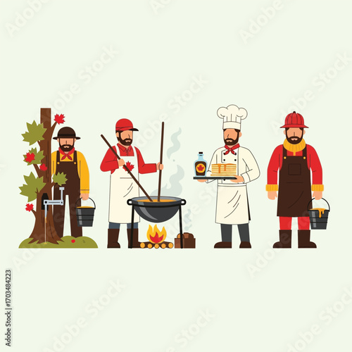 Four individuals in different professions, including a maple syrup maker and a chef, are depicted.