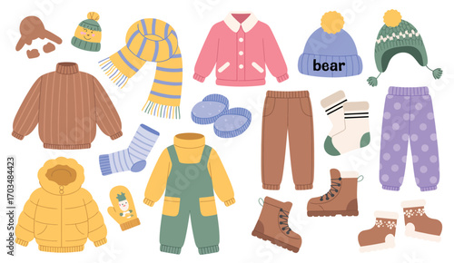 Collage – Stylish Jackets, Coats, Hats, Scarves, Gloves, and Boots, Isolated on White Background, Fashionable Kids Apparel Illustration for E-commerce, Catalogs, Posters, and Digital Design