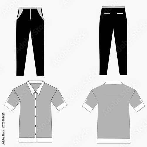 Sketch drawing of casual wear, showing front and back views of a t-shirt and pants with pockets, ideal for fashion design templates.