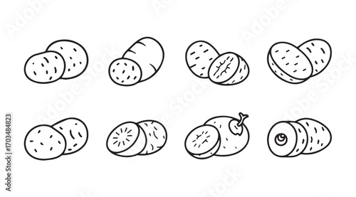 Collection of hand drawn potato illustrations and slices in silhouette