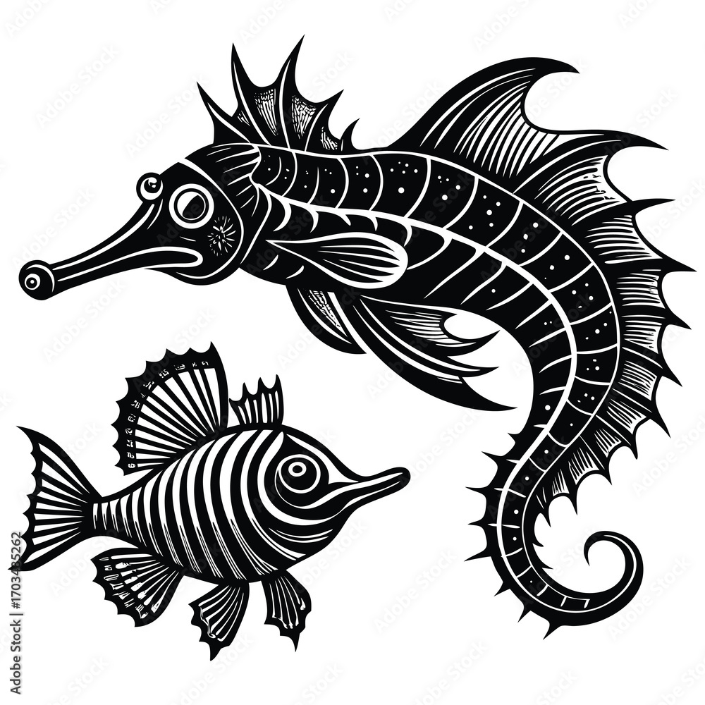 Fototapeta premium Collection of hand drawn line art sketches featuring diverse marine life and ocean creatures