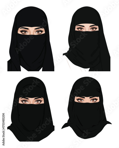 Set of four vector illustrations of a beautiful woman with expressive eyes wearing a traditional black niqab head covering.