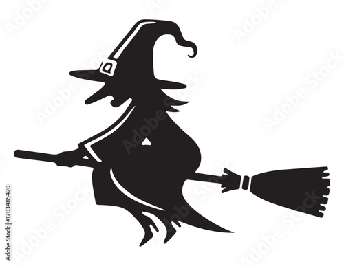 A black silhouette of a classic witch with a pointy hat and nose, flying on her broomstick against a plain white background.