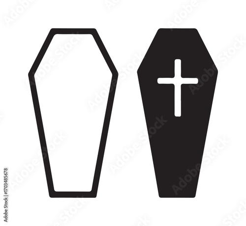 Two simple coffin icons, one an outline and one solid black with a white Christian cross, isolated on a white background.