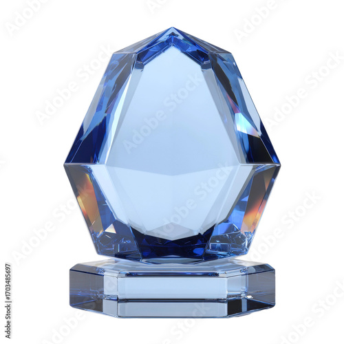 Elegant Blue Crystal Trophy on Clear Stand with Reflections and Light Play for Achievement Awards and Celebratory Events