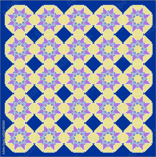 Golden diamonds and indigo squares interlace with violet floral stars, forming a radiant lattice that echoes cosmic harmony and timeless geometric elegance.