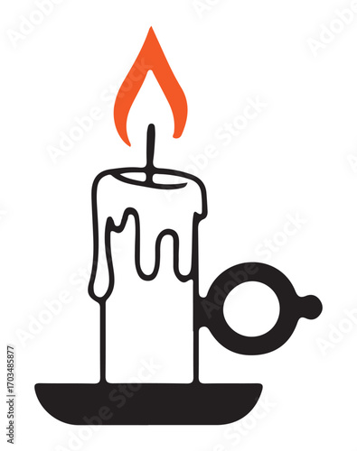 Burning candle in a simple candle holder, with dripping wax.