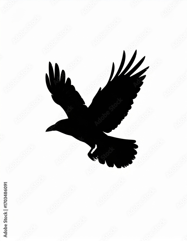 Obraz premium Raven Silhouette Against White Background Showing Flight and Freedom in the Sky