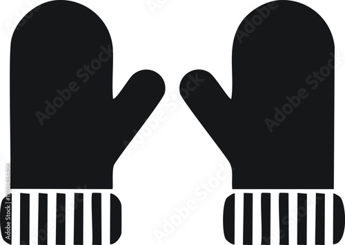 Black mittens with striped cuffs on white background Keywords: mittens, gloves, winter, clothing