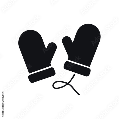 Black mittens connected by a string on white background Keywords: mittens, gloves, winter