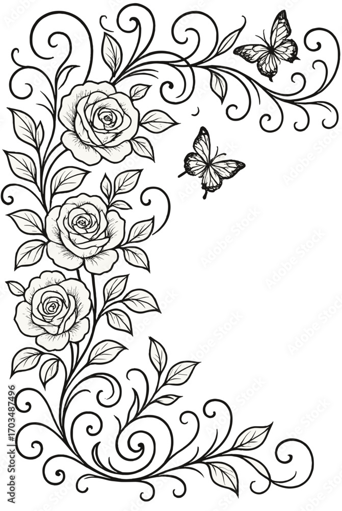 Elegant Rose and Butterfly Engraving - Decorative Floral Artwork Elegant Rose and Butterfly Engraving - Decorative Floral Artwork