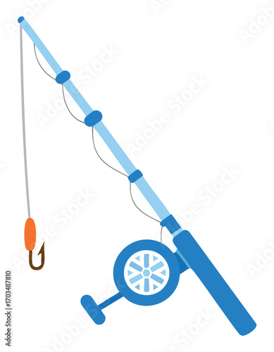Blue fishing rod with reel and orange bait on hook