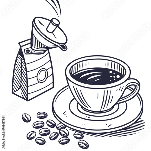 Minimalist line drawing of a steaming coffee cup with a handle perfect for cafe branding and beverage designs