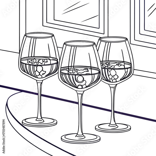 Elegant line art illustration of multiple wine glasses in various styles perfect for beverage and hospitality themes