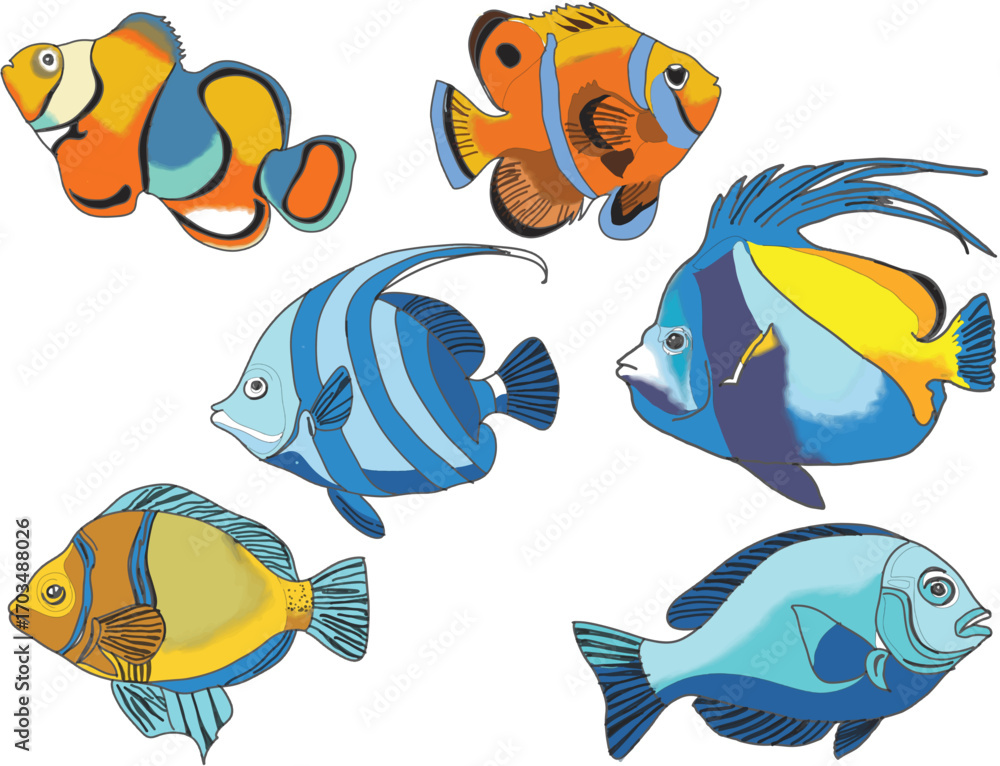 Naklejka premium COLORFUL AMAZING OCEAN FISH, FLAT VECTOR ILLUSTRATION.eps 