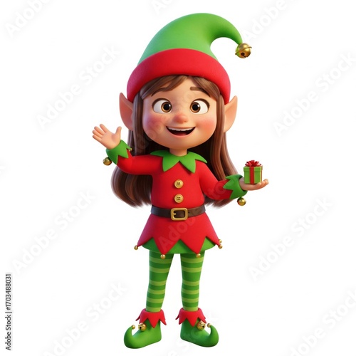 Cheerful Female Christmas Elf Holding Small Gift in Festive Red and Green Outfit
