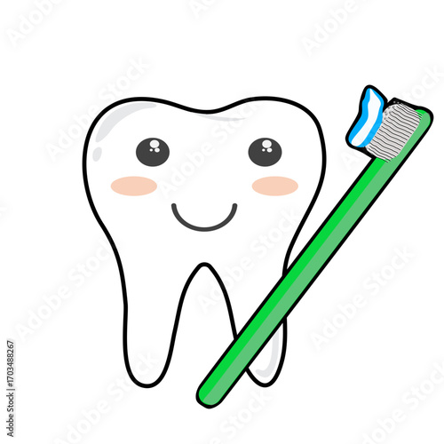 Cute cartoon tooth with toothbrush and toothpaste dental hygiene illustration