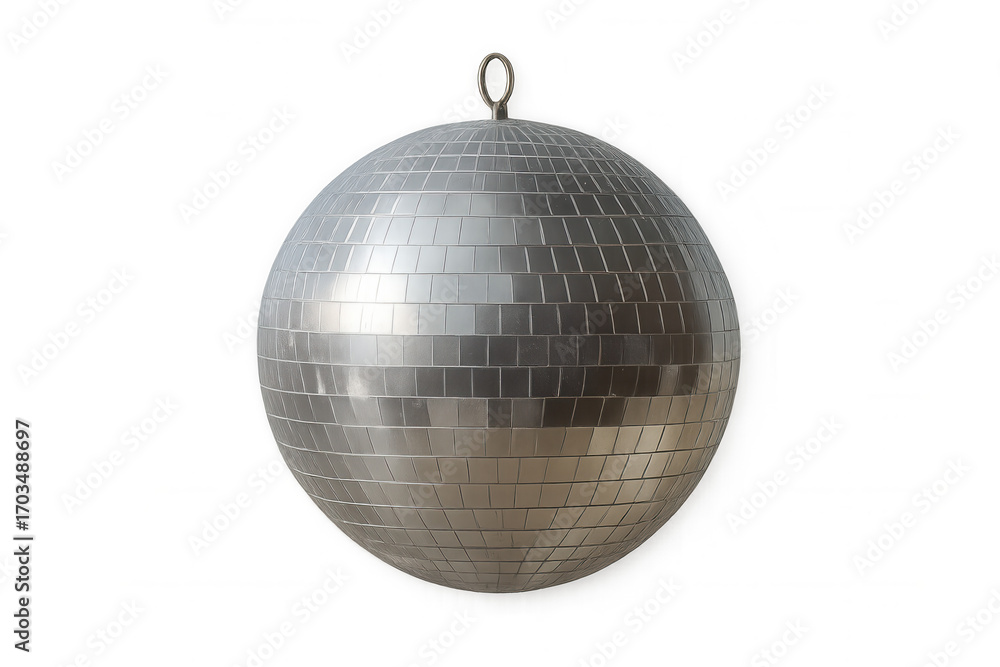 Fototapeta premium Spinning metallic disco ball creating glittery light patterns, transparent backdrop highlighting festive party atmosphere