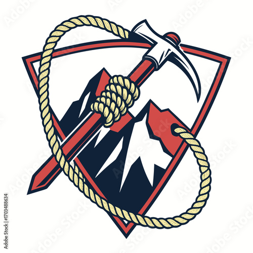 Mountain climbing badge logo design featuring a rope and axe suitable for adventure and outdoor brands