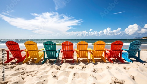 Row of vibrant wooden beach chairs face the ocean on a sunny, sandy beach under a bright blue sky with wispy clouds