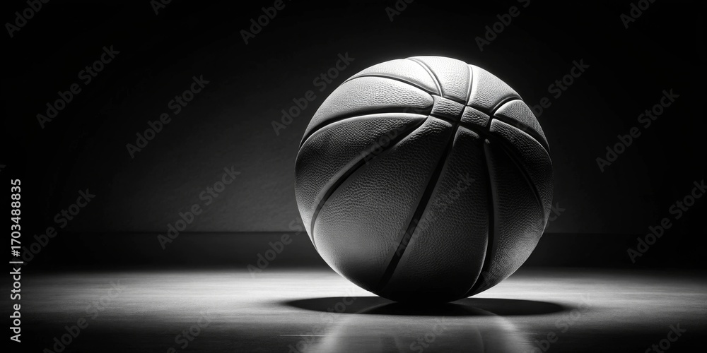 Obraz premium A grayscale image of a basketball resting on a dark surface, illuminated by a single light source