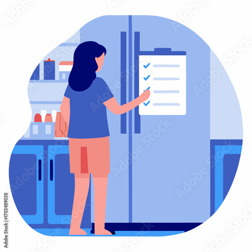 Woman clipping shopping list to fridge while checking items indoors  