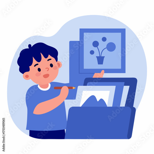 Young boy putting drawing into portfolio while organizing artwork  