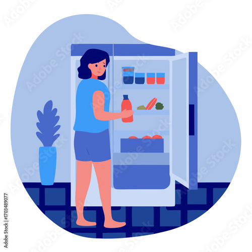 Asian woman putting groceries in fridge in modern kitchen setting  