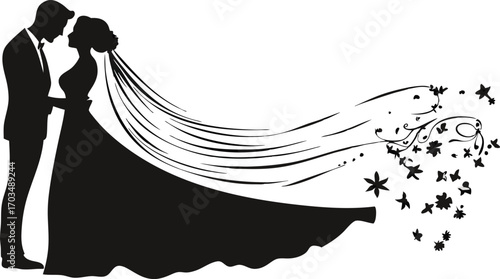 Elegant silhouette of a bride and groom embracing with a flowing veil and flowers