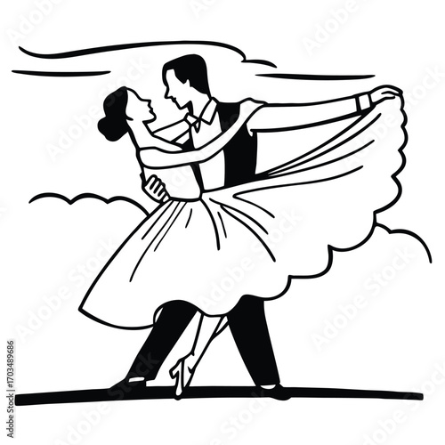 Elegant continuous line art of a couple dancing together gracefully