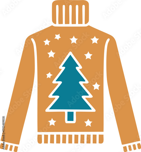 Christmas Sweater Icon with Teal Tree and Stars Keywords: christmas, sweater, icon, holiday