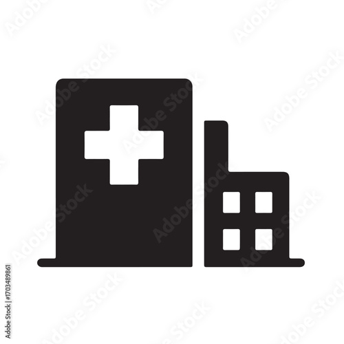 Black Silhouette Hospital Building Icon with Medical Cross