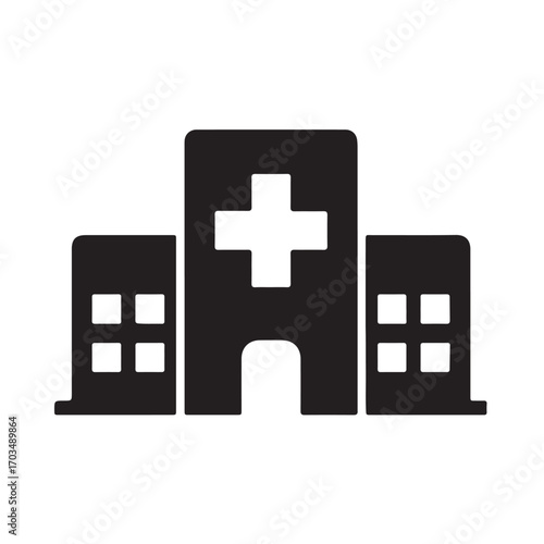 Hospital Building Icon with Medical Cross Symbol on White Background