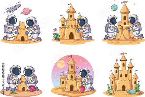 Astronauts building sandcastles on alien terrain with planets, flags, tools, teamwork, cosmic background, space suits, and imaginative sci-fi theme