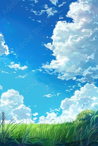 A vibrant digital painting of a sunny day, showcasing a clear blue sky filled with fluffy white clouds above a field of lush green grass