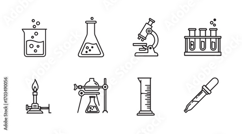 Collection of science laboratory equipment icons in a simple silhouette style