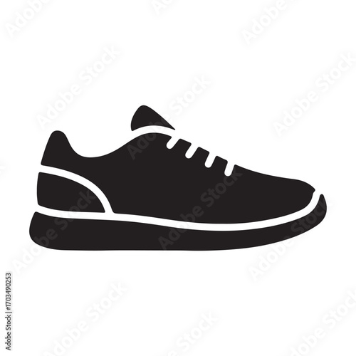 Minimalist Black Sneaker Icon with White Details on a White Background