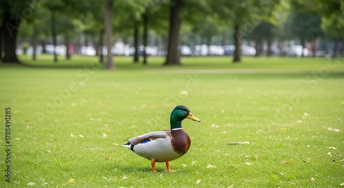 Fototapeta Naklejka Na Ścianę i Meble -  Mallard Duck in a Lush Green Park Setting.