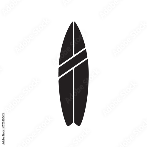 Stylized Black Surfboard Silhouette with Modern Design on White Background