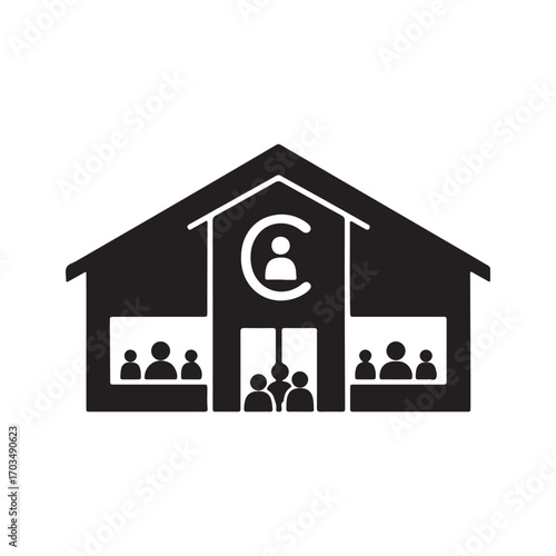 Community Building Icon with People and Central Figure