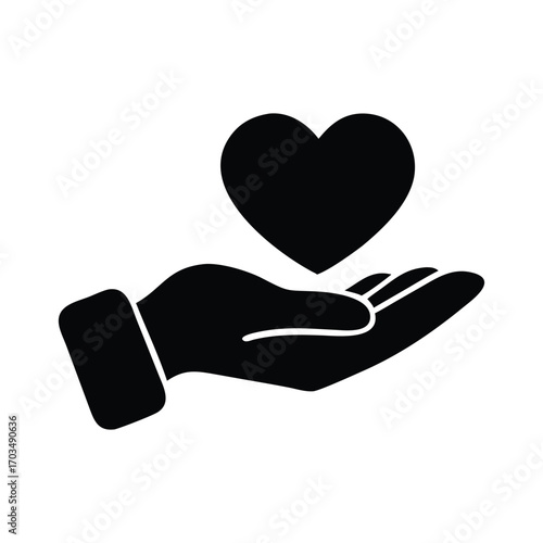 Black heart icon held in open hand on white background