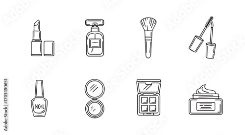 Collection of eight cosmetic product silhouettes in a sketch style silhouette