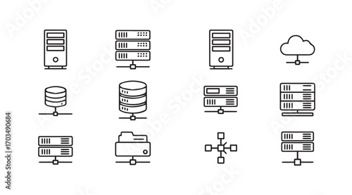 Collection of server and network icons in a simple silhouette style