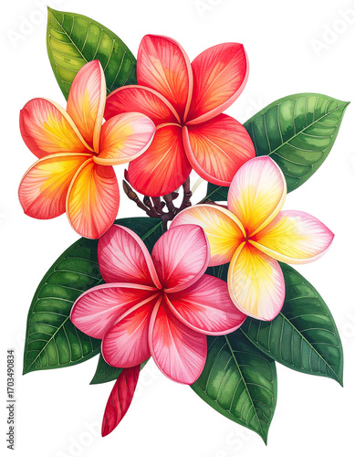 Vibrant plumeria bouquet, detailed illustration