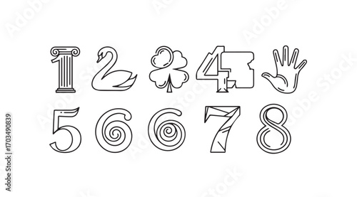 Artistic silhouette designs of numbers one through eight and symbols