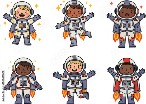 Cartoon astronauts with jetpacks in colorful space suits, flying and posing with sparkles, playful vector illustration for space exploration themes