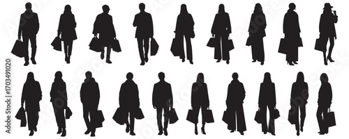 Architectural Drawings stylish people carrying shopping bags, street fashion outfits silhouette vector illustration, front view, human person Minimal style hand drawn.