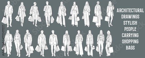 Architectural Drawings stylish people carrying shopping bags, street fashion outfits vector illustration,  front view, human person Minimal style hand drawn. Sections, Elevations, Floor Plans