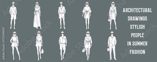 Architectural Drawings stylish people in summer fashion - shorts, dresses, sunglasses, light clothing vector illustration, front view, human person Minimal style hand drawn. 