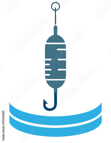 Fishing lure and hook over blue waves bait water